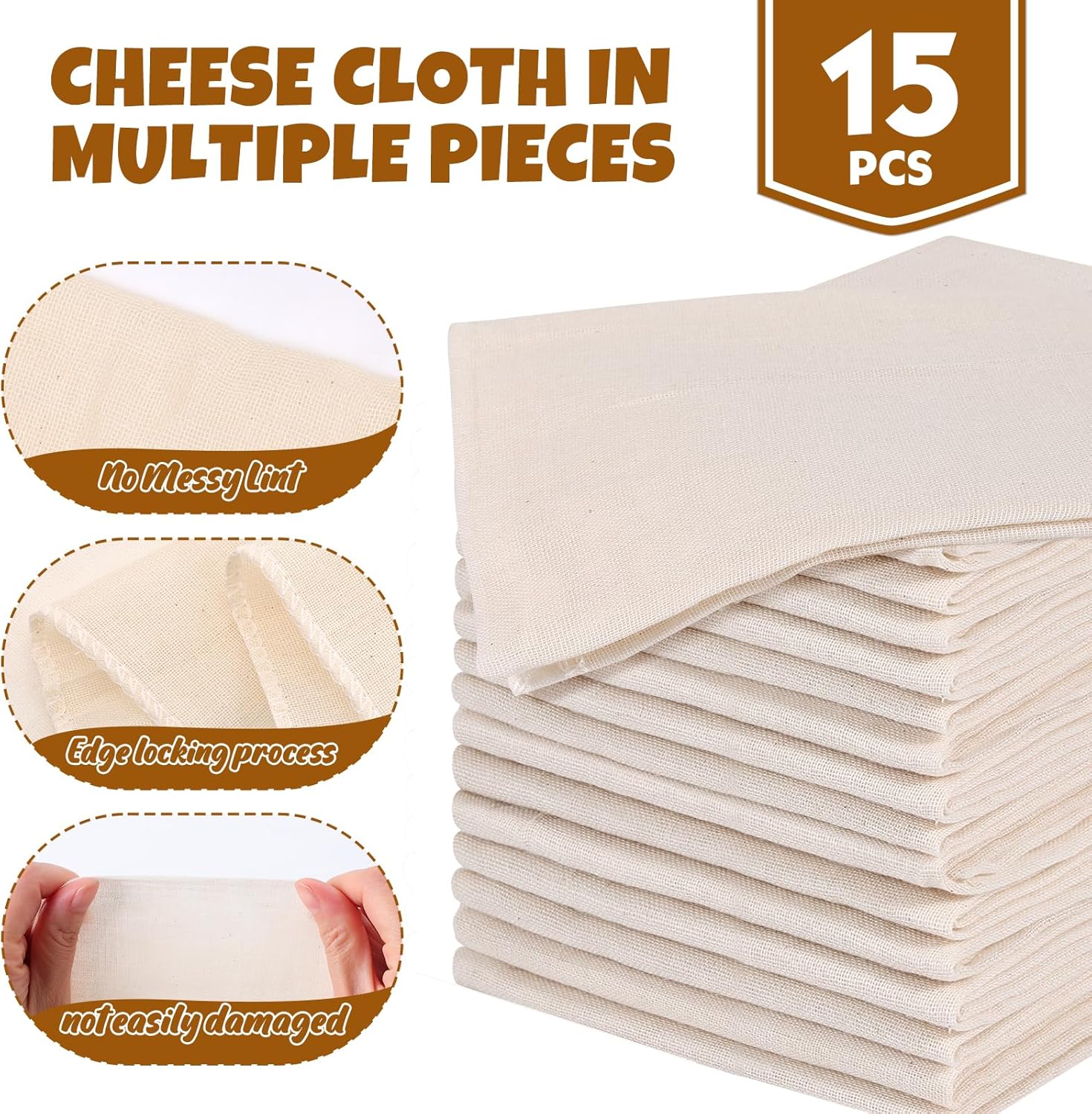 Skiennix Cheese Cloths - 15 PCS Organic Cotton Straining Cloths, 20x20 Inch, Reusable & Hemmed Edge