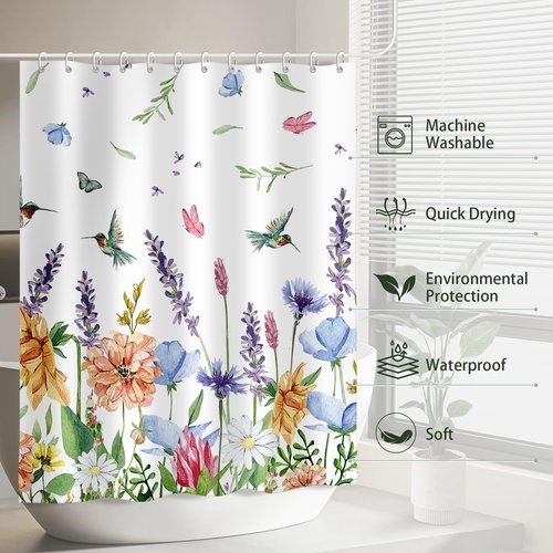 Moutina Hummingbird Floral Shower Curtains for Bathroom, Spring Summer Bathroom Decor Flower Shower Curtain Set - 72x72 Inch Waterproof Fabric Shower Curtain with Hooks Bathtub Curtain