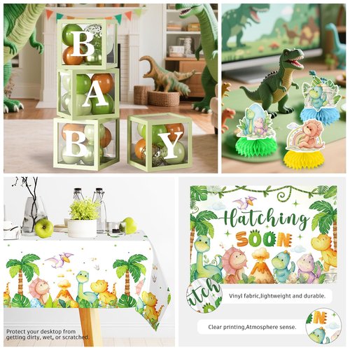 cocomigo 280PCS Dinosaur Baby Shower Decorations, 25 Dinosaur Theme Tableware, Includes It's A Boy Plates and Napkins, Backdrop, Balloon Kit for Hatching Soon Baby Shower Decorations