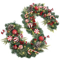 Red and White Christmas Garland 6Ft Christmas Garland Ornaments with 15 Balls, 3 Pinecones, 3 Candy Canes, LED Lights, Christmas Decorations for Fireplace Mantel Staircase Front Door Porch Holiday