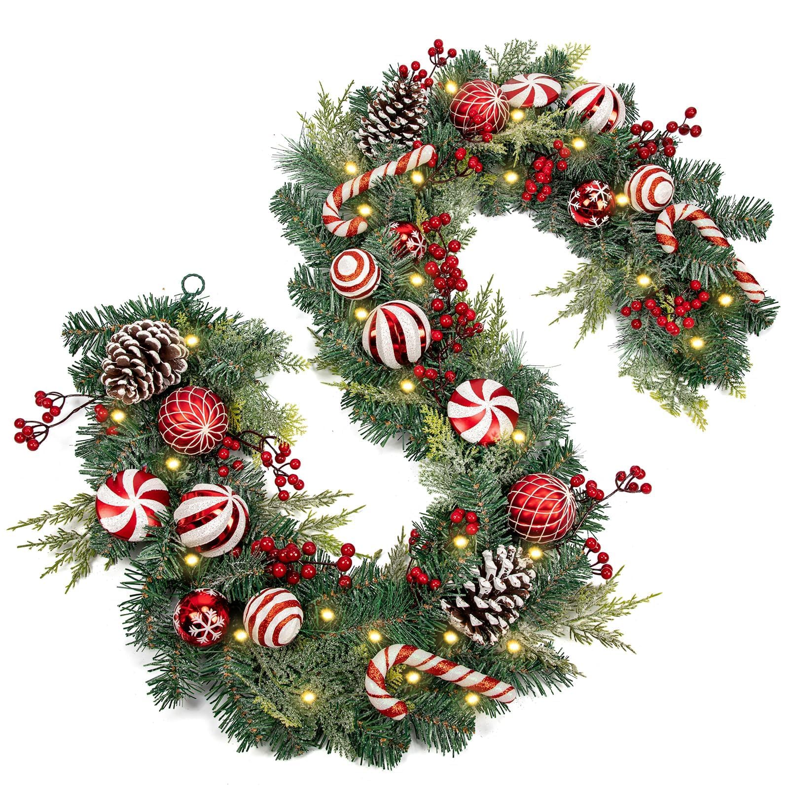 Red and White Christmas Garland 6Ft Christmas Garland Ornaments with 15 Balls, 3 Pinecones, 3 Candy Canes, LED Lights, Christmas Decorations for Fireplace Mantel Staircase Front Door Porch Holiday
