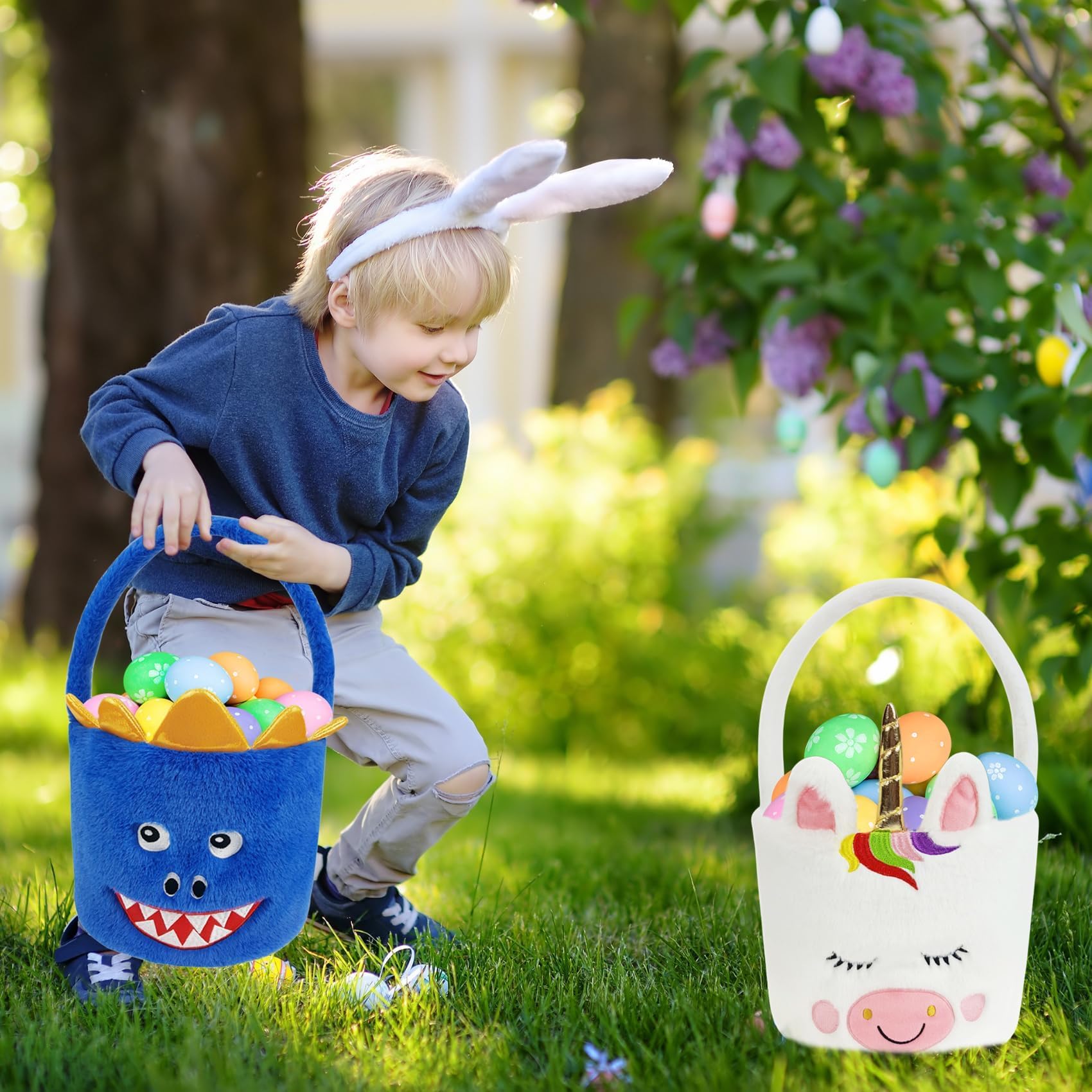 DearSun 2 Pcs Halloween Basket Plush Trick or Treat Bag, Halloween Candy Bucket for Kids Gifts Party Decoration Supplies, Dia 8" * H 15.7" (Unicorn&Dinosaur)