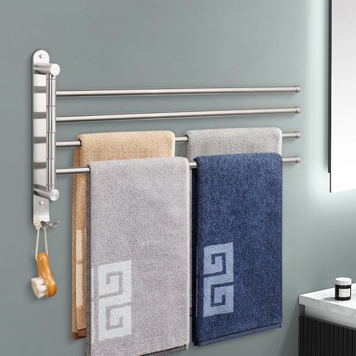 NearMoon Swivel Towel Rack, 19.5" Thicken 304 Stainless Steel 4-Arm Towel Bar, Space Saving Wall Mounted Towel Holder with Hook, Rustproof Swing Out Towel Hanger for Bathroom, Kitchen (Brushed Nickel)