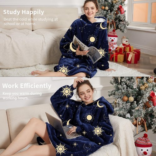 Aemilas Wearable Blanket Hoodie - Cozy Sherpa Blankets Sweatshirt Gifts For Women Men, Warm Fuzzy Hooded Blanket With Giant Pocket(Star)