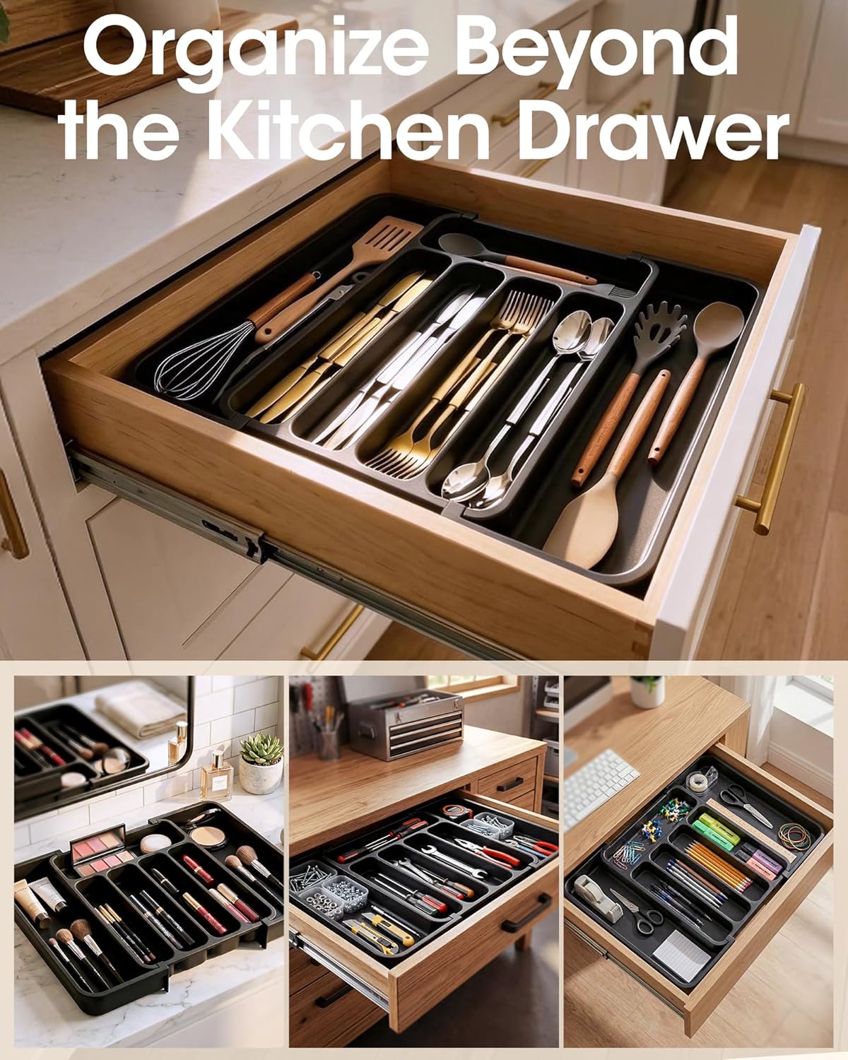Aujen Silverware Organizer - Expandable Utensil Tray for Cutlery Storage | Adjustable Black Medium Size