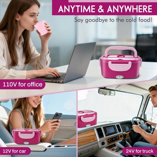AOSION Electric Heated Lunch Box for Adults, 4 IN 1 Heating Lunch Box with 2 Pack 1.5L Container, 80W Lonchera Eléctrica Portátil, Food Warmer for Car/Truck/Office (PINK)