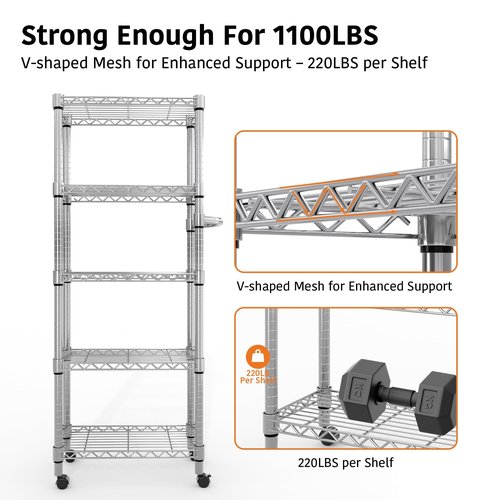 Metal Storage Shelves 5 Tier with Wheels, 1100 LBS Adjustable Wire Shelving Rack Shelves Units with Side Handle for Hanging, Rolling Shelf Organizer for Kitchen Garage, 11.8" W x 23.6" D x 61"H,Silver