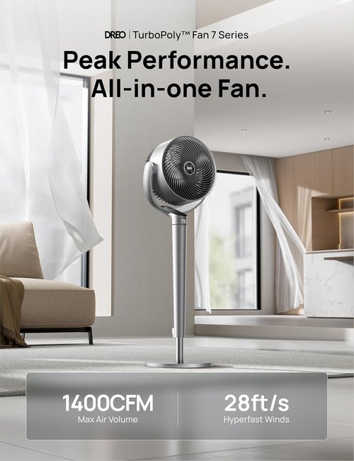 Dreo Smart Fan - 110ft Pedestal Fan with Quiet DC Motor, 150° Oscillation, 9 Speeds, 43" Height