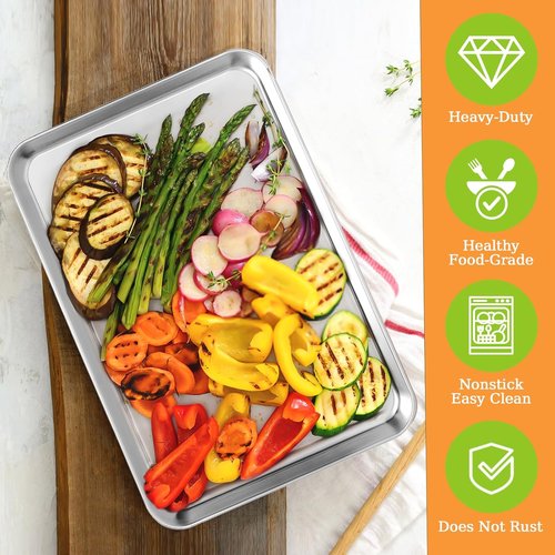 CEKEE Baking Sheet Set - 4 Stainless Steel Cookie Trays | Non-Toxic, Rust-Free, Dishwasher Safe, 16 x 12 x 1 Inch