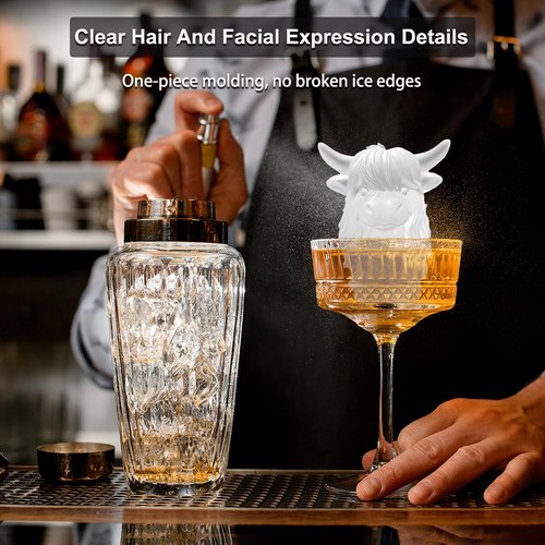 SIUPER 3D Highland Cow Ice Cube Silicone Molds Tray for Whiskey, Cocktail, Drink, Bar; Rich Details. Fun Animal Mold for DIY Taba Squishy Chocolate Soap Candle Resin Gift for Women Girls Boys; 2 Pack