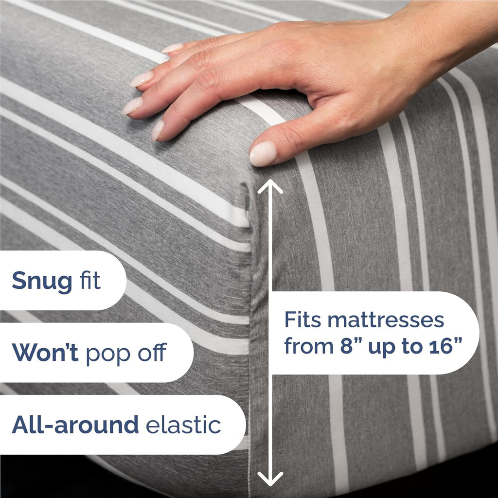 Skiennix Twin XL 3-Piece Sheet Set - Comfy Cooling Bed Sheets with Deep Pockets - Grey Stripes