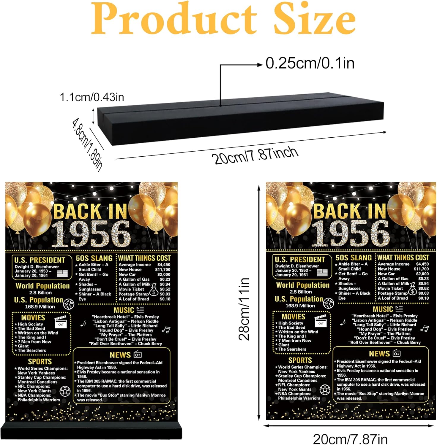 Trgowaul 70th Birthday Decorations - Vintage 1956 Acrylic Table Sign with Stand | Black Gold Theme