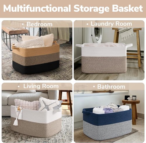 Goodpick Large Blanket Basket - Woven Cotton Rope Storage for Organizing | 22" x 17" x 12" | White & Brown