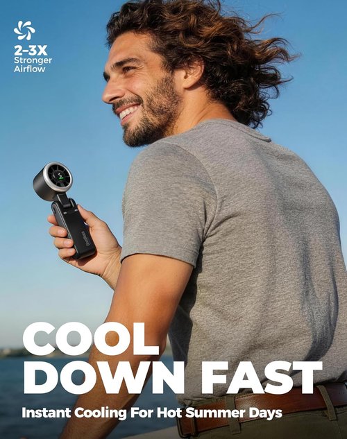 Diveblues Portable Handheld Turbo Fan - 5-Speed Wind, 12-Hour Battery Life | 3-in-1 Cooling Fan in Obsidian Black