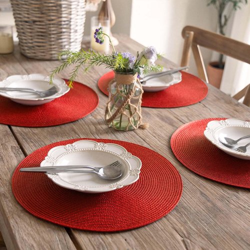 FunWheat Round Braided Placemats Set of 8 Place Mats for Dining Table Woven Washable Non-Slip Table Mats 15 Inch(Red,8pcs)