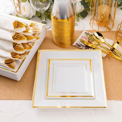 Goodluck 352 Pieces Gold Dinnerware Set for 50 Guests, Thanksgiving Square Plastic Plates with Gold Trim, Include: 100 Plastic Plates, 50 Rolled Napkins, 50 Cups, 50 Cutlery Set and 2 Tablecloth