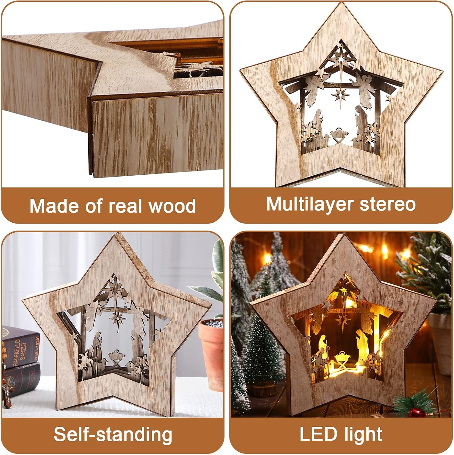 Regine Switzerland Wooden Nativity Scene Set - Rustic Christmas Tabletop Decoration with LED Light