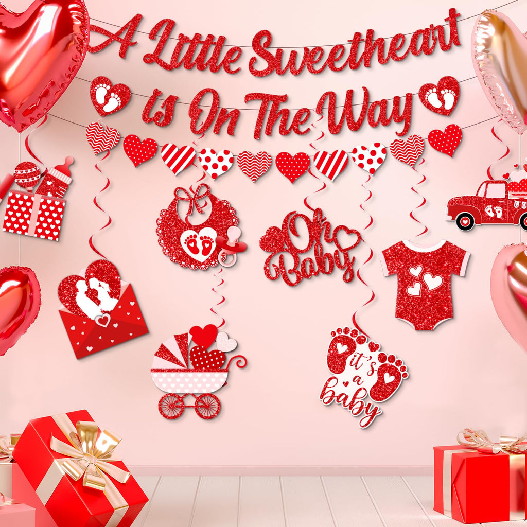 Valentines Baby Shower Decorations, A Little Sweetheart Is On The Way Banner and Red Baby Shower Decorations Hanging Swirls, Sweetheart Decorations for Valentines Day Baby Shower Party