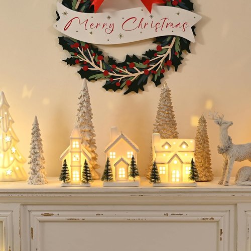 AOMOONOA Ceramic Christmas Village Houses - 3-Piece Light-Up Porcelain Set with 6 Trees | Holiday Home Decor