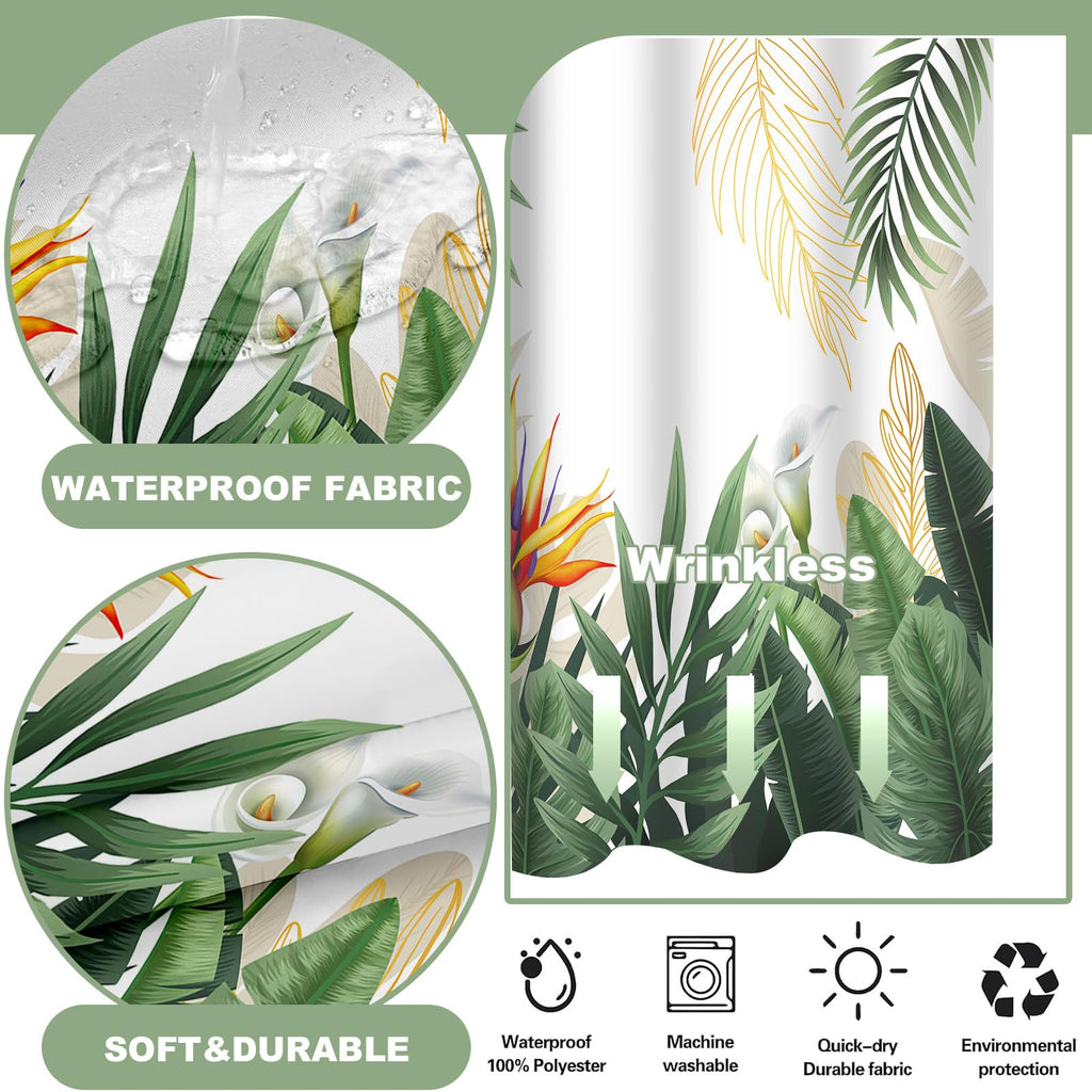 TWLSNCD No Hook Shower Curtain with Snap in Liner, Tropical Leaf Shower Curtains and Liner Set for Bathroom, Monstera Palm Leaves Floral Fabric Bath Curtain, Waterproof Washable, Green 71" x 74"
