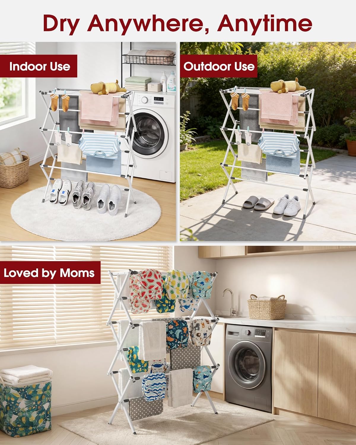 Sakugi Foldable Clothes Drying Rack - 3-Tier Metal Laundry Organizer with Non-Slip Feet | Indoor & Outdoor Use, 11.4"D x 29.1"W x 37.4"H, White & Black