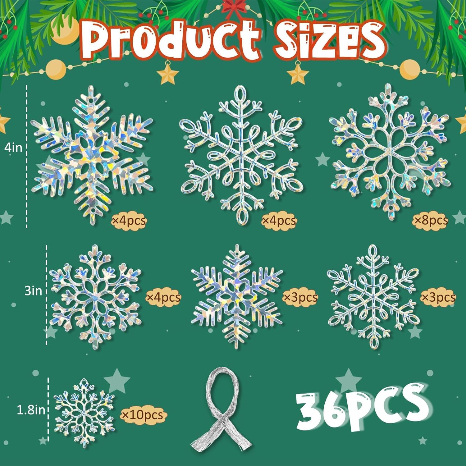 Skiennix 36-Pack Christmas Ornaments - Iridescent Plastic Snowflakes for Holiday Decor