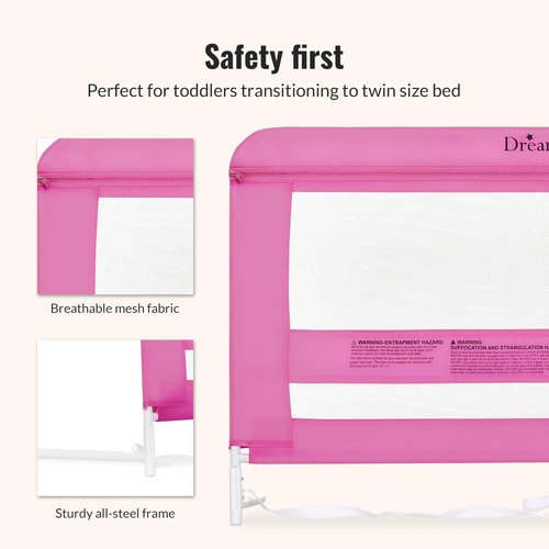 Dream On Me Lilibet Mesh Safety Bed Rail in Pink for Twin, Full and Queen Size Bed, Bed Rail for Toddler