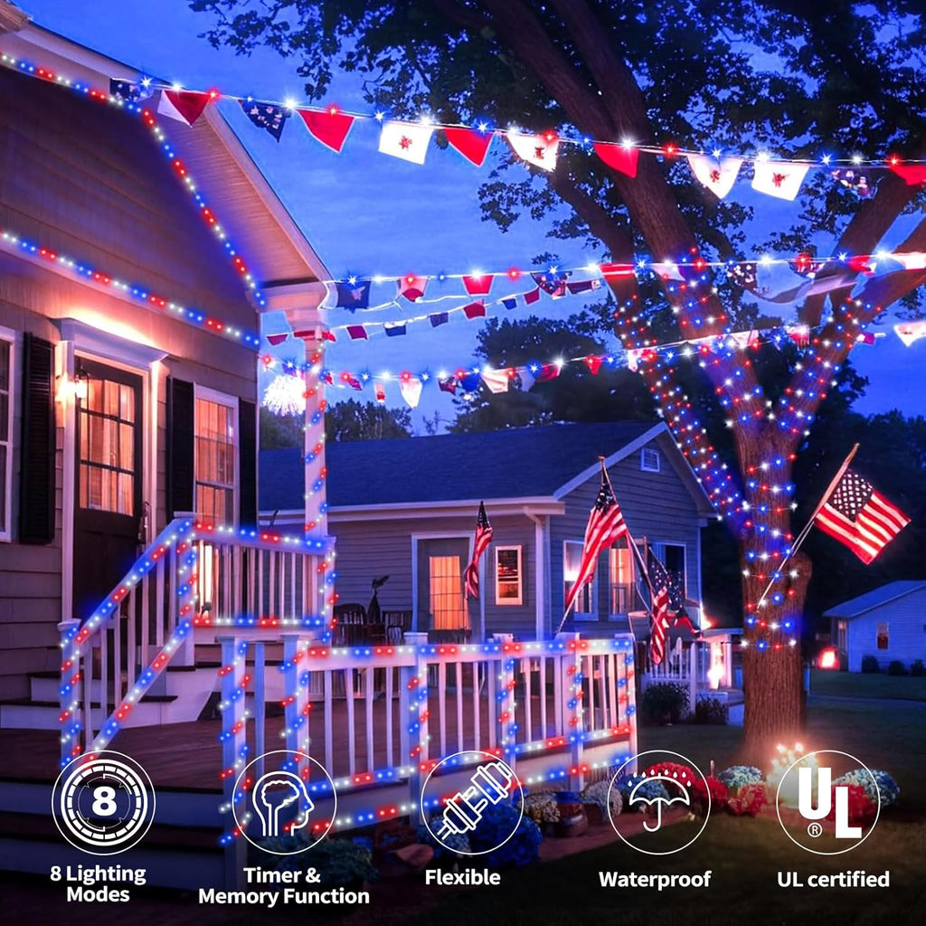 Skiennix 200ft LED Rope Lights - Waterproof Flexible Tube Lighting with 8 Modes | Red, White & Blue Decor