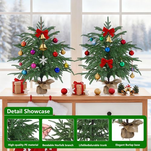 2 Pack 2FT Artificial Norfolk Pine Tree with Pot - UV Protection Faux Tree Fake Plants with PE Branch for Indoor Outdoor Home Front Porch Christmas Decor