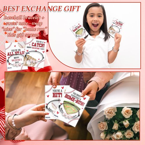 Demonwer 24 Sets Valentine's Day Baseball Bracelet Gift Adjustable Baseball Bracelets with Inspirational Cards Sport Party Favors for Valentine Team Prize Exchange Gifts Supplies