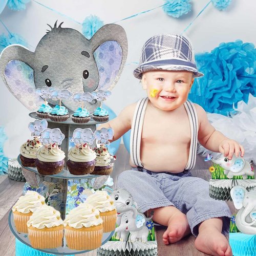 Zliisang Blue Elephant Cupcake Stand Baby Boy Baby Shower Decorations 3 Tiered Dessert Cake Table Displays Eelephant Birthday Party Decorations Baby Shower Decorations for Boy