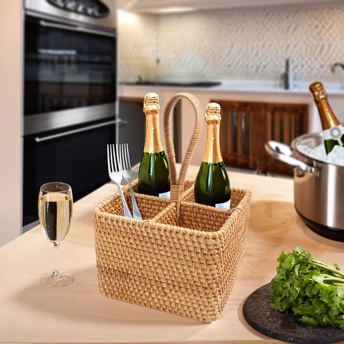 Natural Wicker Utensil Caddy with Built-in Handles，Wicker Silverware Caddy with 4 Compartments，Spoon Cutlery Holder Utensils Organizer，Condiment Organizer Silverware Holder(7.09 * 5.12 inch)