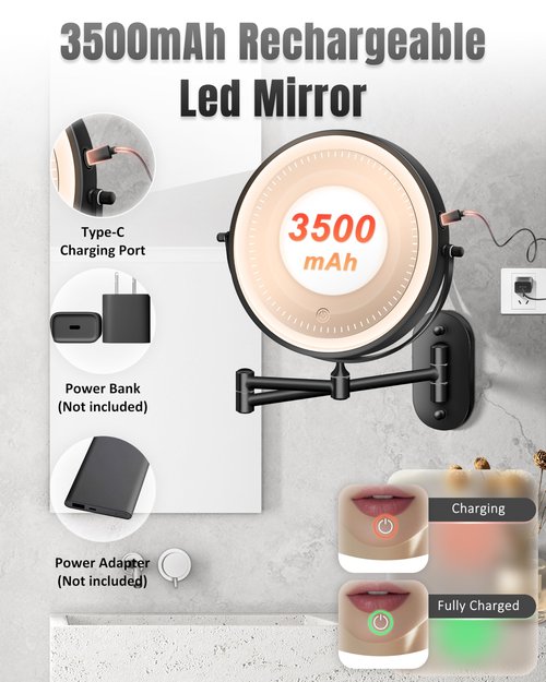 Wall Mounted Makeup Mirror with Light, 20X/1X 8'' Double Sided LED Magnifying Bathroom Lighted Vanity Mirror with Magnification, 3 Color Light up Touch Dimmable Extended Arm 360 Rotation