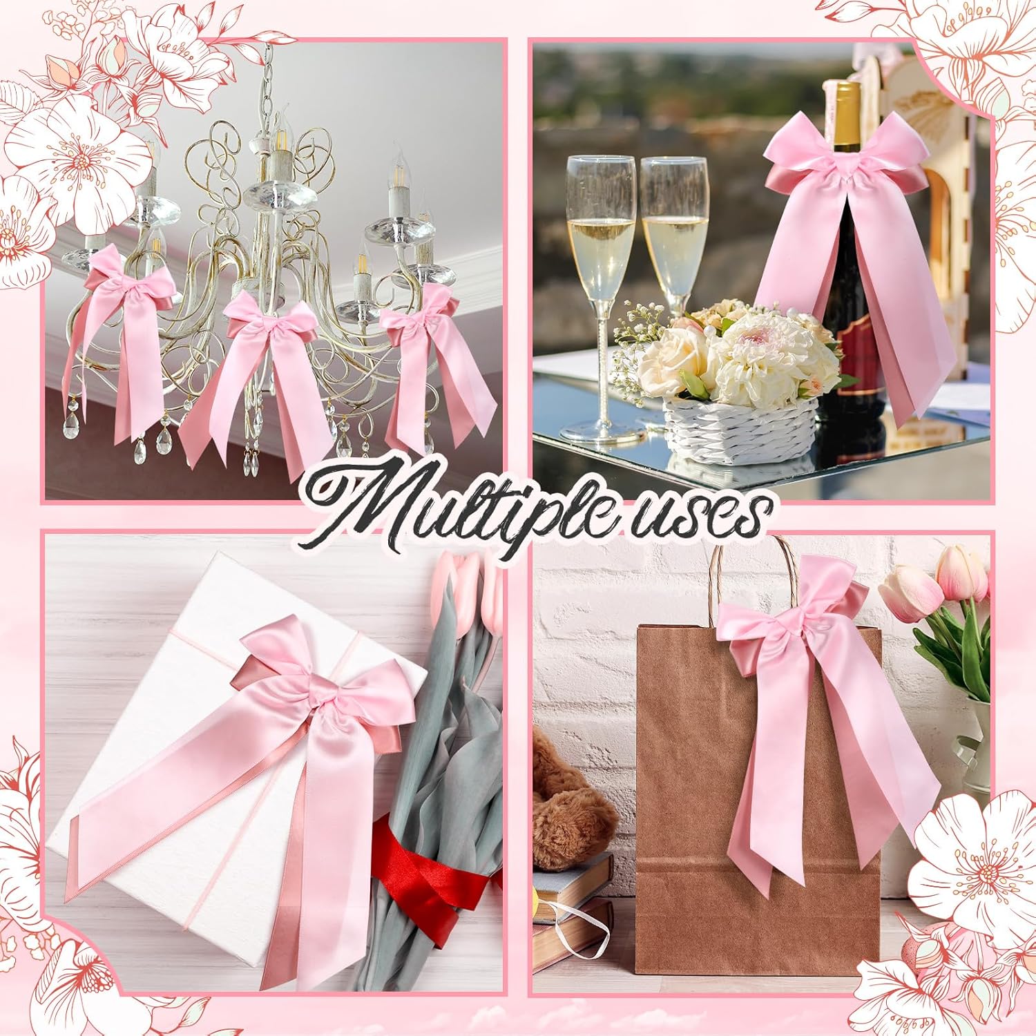Skiennix 12 Pcs Pink Candlestick Bows - Double-Layer Satin Ribbon Pre-Tied Bowknot for Weddings & Parties
