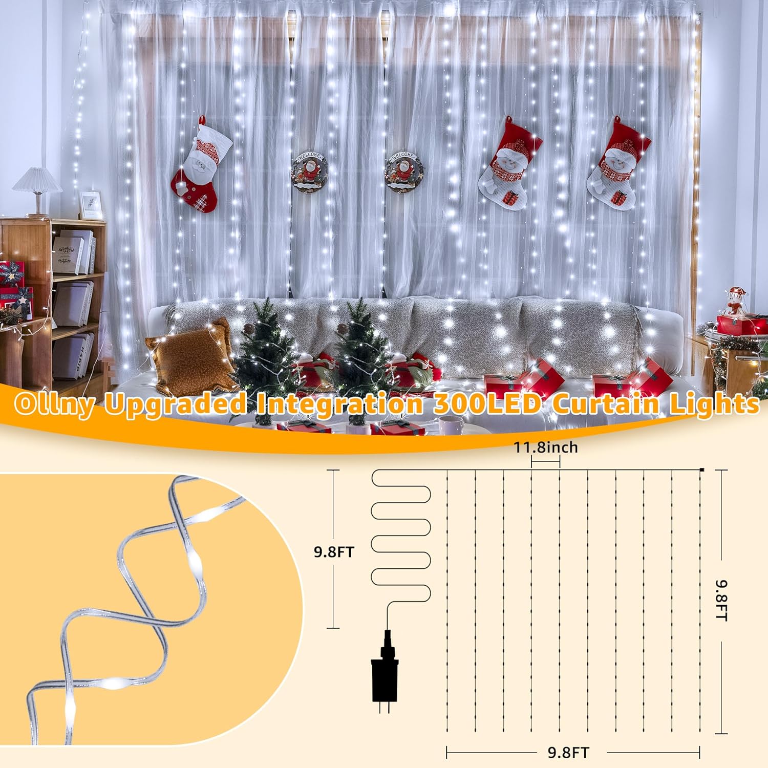 Ollny Curtain Lights - 300 LED Waterproof Outdoor Fairy Lights | 9.8ft x 9.8ft with Remote & 8 Modes