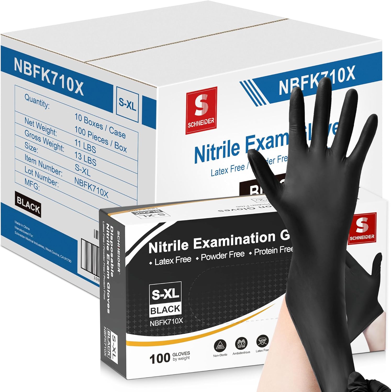 Schneider Nitrile Exam Gloves - 4 Mil Black Disposable, Latex-Free & Powder-Free for Food Safety