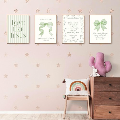 LARTSFRO Coquette Wall Art Decor - Sage Green Bow Posters | Inspirational Bible Verses | 12x16 Inch Set of 4 (Unframed)