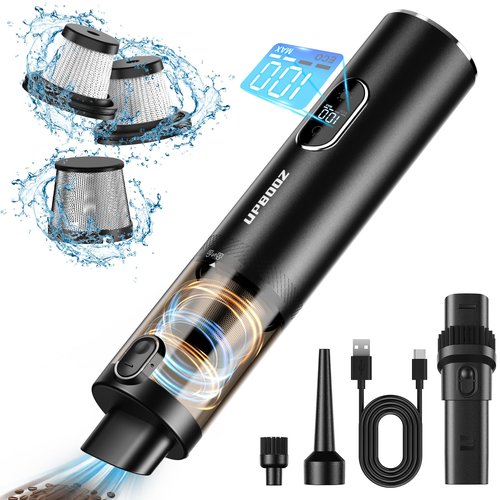 Upbooz Handheld Vacuum Cordless, Car Vacuum with 14000PA Powerful Suction with LED Light, Air Duster 2-in-1,Low Noise Rechargeable Portable Mini Vacuum Cleaner for Car Home Pet Office,Two Gears Black