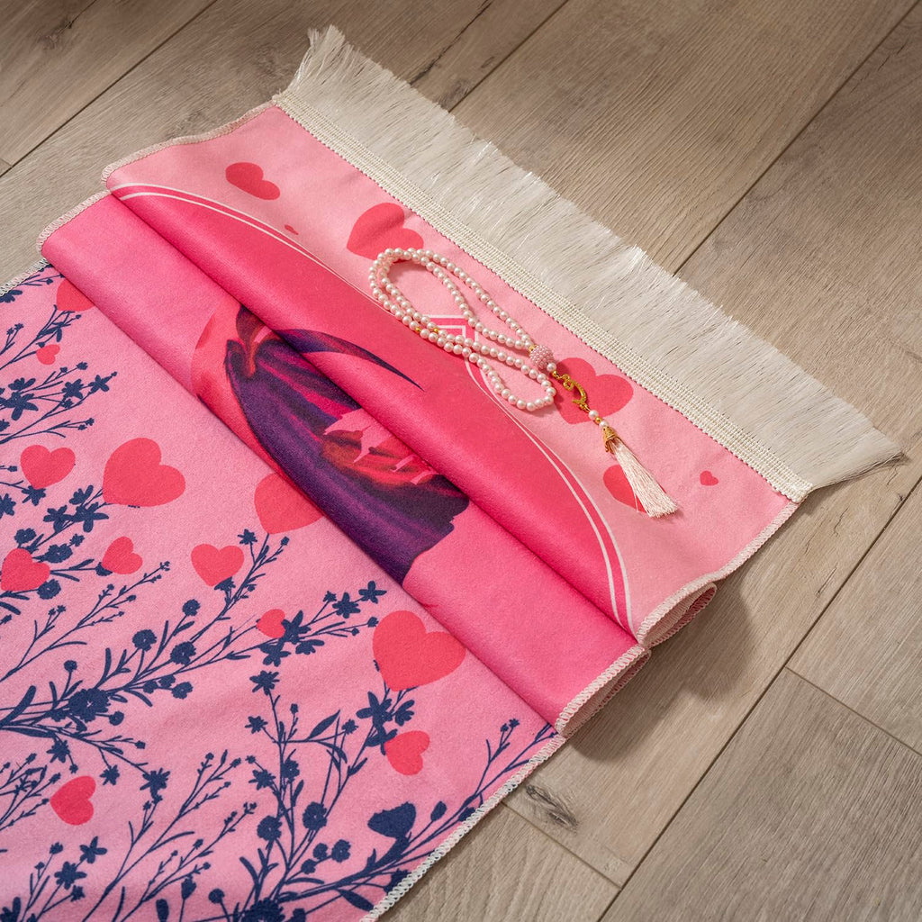 HSR Kids Prayer Mat Muslim with Islam Prayer Beads - Islamic Gifts with Toy Camera, Travel Prayer Mat for Kids Prayer Rug with Box, Portable Prayer Matt Islam, Pink