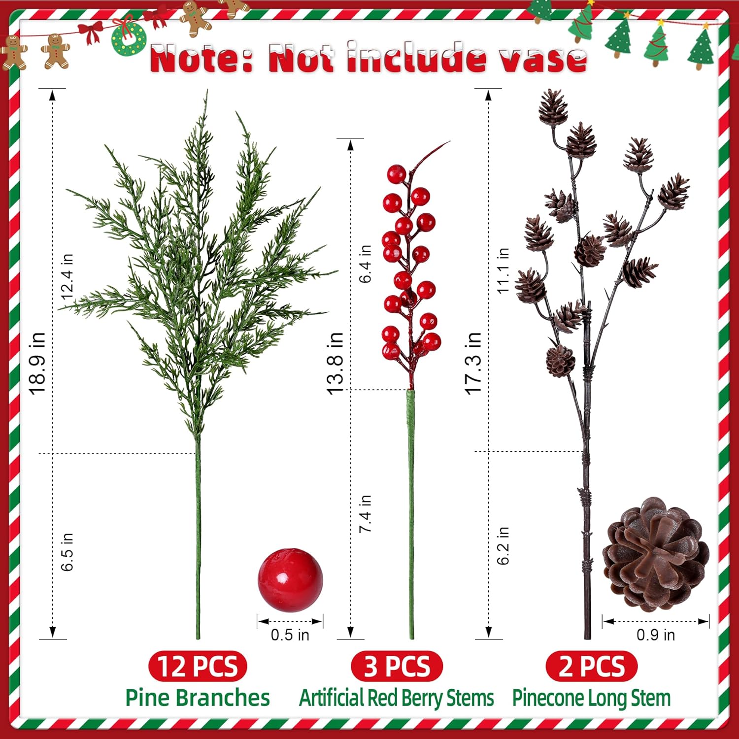 Norfolk Pine Faux Cedar Stems - 17 PCS Realistic Greenery with Pinecones & Red Berries for Christmas Decor