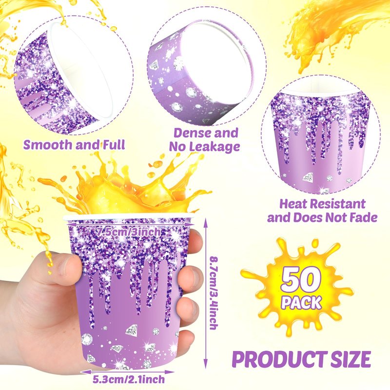 50Pcs Silver Happy Birthday Party Paper Cups 9oz Glitter Diamonds Party Cups Supplies Silver Diamonds Theme Disposable Cups for Women Girls Birthday Wedding Bridal Baby Shower Favors Decoration