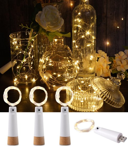 Andvon Wine Bottle Lights with Cork, 4 Pack USB Rechargeable Cork Lights for Wine Bottles,Christmas, Valentine's Day,Party Decoration, 20 LEDs, 6.6 Ft, Warm White