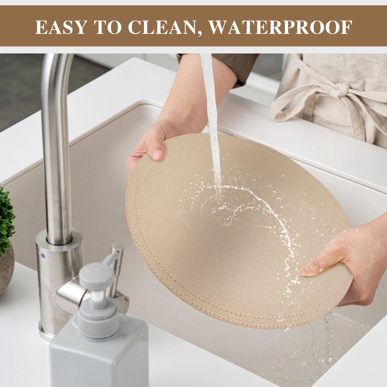 Set of 8 Faux Leather Gold Round Placemats and Coasters, Coffee Mats Kitchen Table Mats, Waterproof, Easy to Clean for Kitchen Dining Round Table