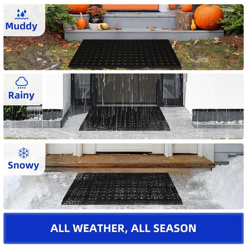 Mibao Front Door Mat Outside Entrance, Heavy Duty Welcome Rubber Doormat Waterproof, All Weather Dirt Trapper Non-Slip Drainage Doormat, Entry Mat for Garage Home Pool Commercial, 17" x 29.5", Black