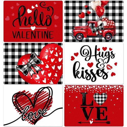 Gandeer Set of 6 Valentine's Buffalo Plaid Placemats 17 x 12'' Hearts Love Truck Place Mats Plastic Table Mat Romantic Farmhouse Modern Kitchen Decor for Valentine February Home Dinner Dining Party