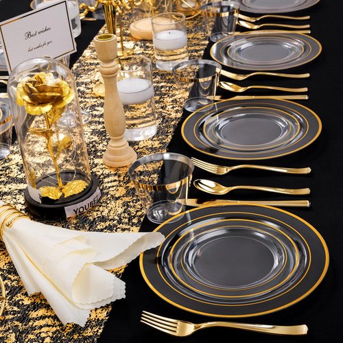 WELLIFE 600pc Gold Trim Plastic Dinnerware Set for Party: 100 Dinner Plates, 100 Dessert Plates, 300 Cutlery, 100 cups