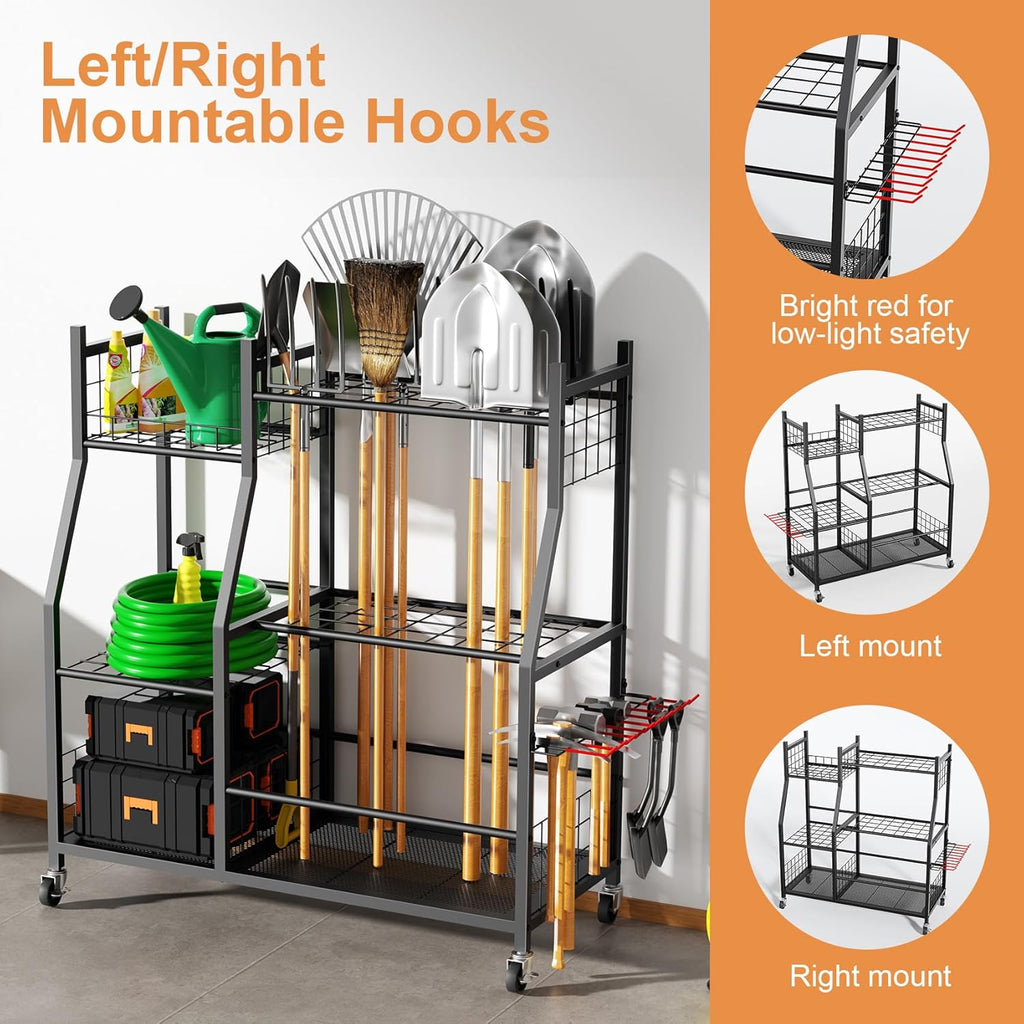 Skiennix Garden Tool Organizer - Freestanding Rolling Cart for Long Handled Tools | Yard Storage Rack