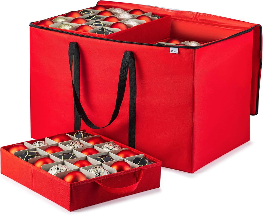 ZOBER Christmas Ornament Storage Box - Organize 200 3-Inch Ornaments with Individual Trays - Durable Red 600D Oxford Fabric