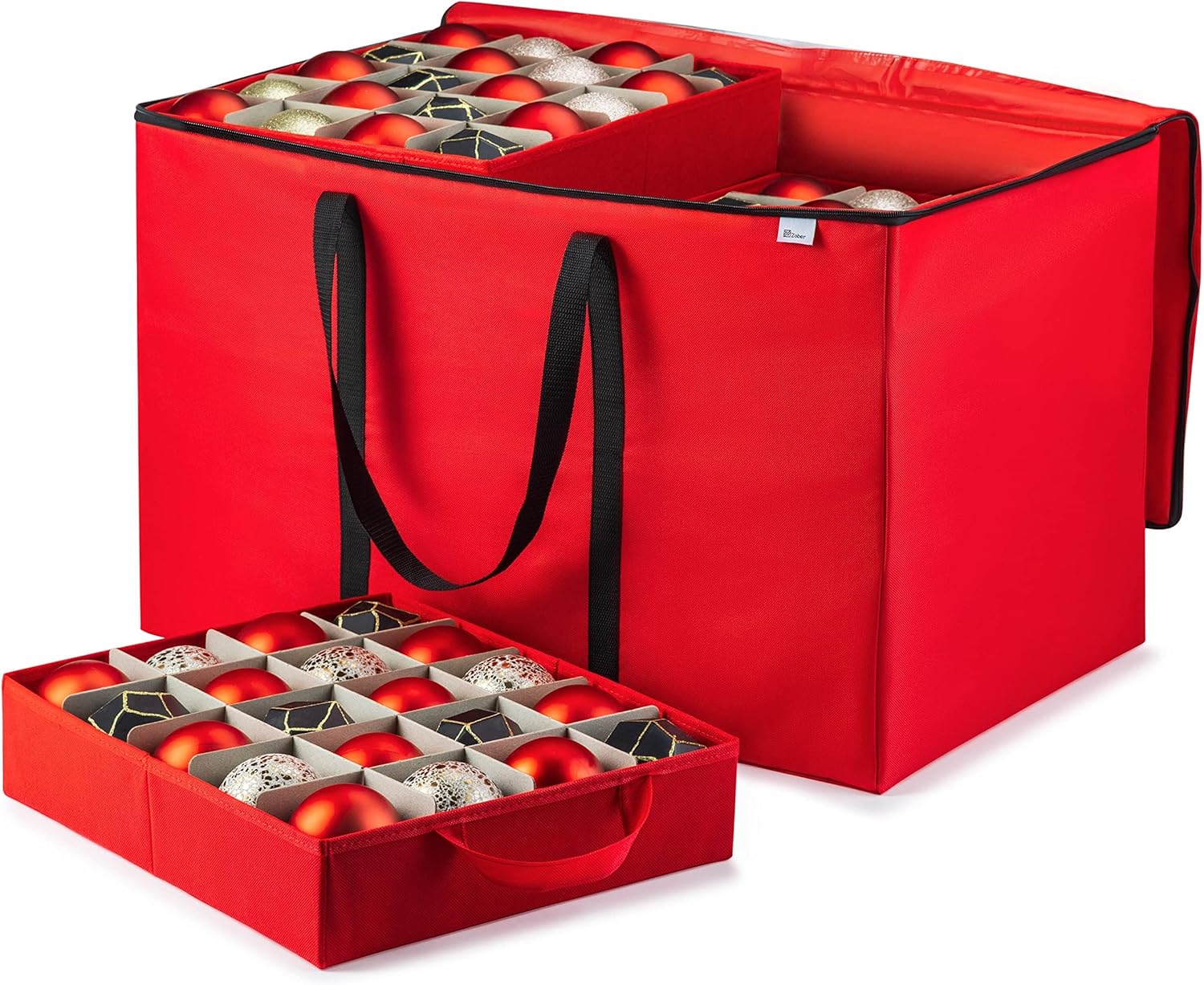ZOBER Christmas Ornament Storage Box - Organize 200 3-Inch Ornaments with Individual Trays - Durable Red 600D Oxford Fabric