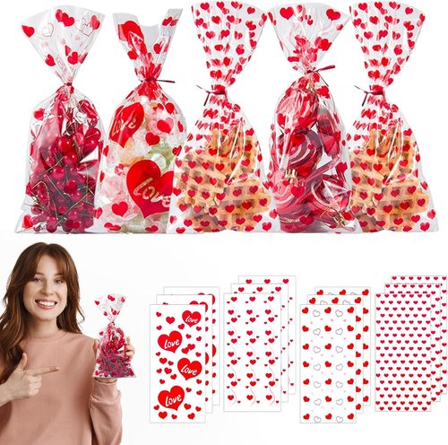 Biubee Valentine Cellophane Bags - 160 Pcs Clear Treat Bags with 4 Assorted Styles & Twist Ties